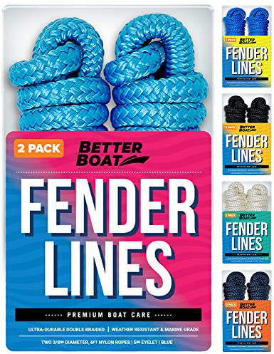 Boat Fender Lines, 3/8 Inch Double Braided Nylon Rope, 6 Ft with Loop, 2 Pack, Blue, for Buoy, Jet Ski Mooring, Docking & Small Boat Bumpers