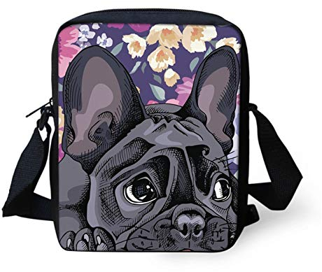 Howilath Kleine Kuriertasche mit lustigem Tierdruck, Outdoor-Reisetasche, Umhängetasche, Handytasche, Französische Bulldogge mit Blumenmuster, Small