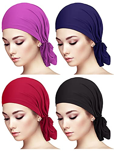 4 Pieces Slip-On Pre-Tied Head Scarves Women Headwear Turban Beanie Caps Head Wrap Headscarf for Women Girls (Purple, Navy Blue, Wine Red, Black)
