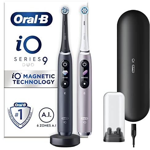 Oral-B iO9 2x Electric Toothbrushes For Adults, Oral B Electric Toothbrushes, Gifts For Women / Men, 2 Toothbrush Heads & Charging Travel Case, 7 Modes with Teeth Whitening, 2 Pin UK Plug, Black