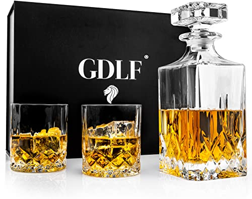 GDLF® Carafe à whisky vintage | Set de carafe à décanter | Cristal européen | 800 ml | Set de carafe à whisky | 2 verres à whisky | Cadeaux pour hommes | Carafe pour liqueur ou whisky