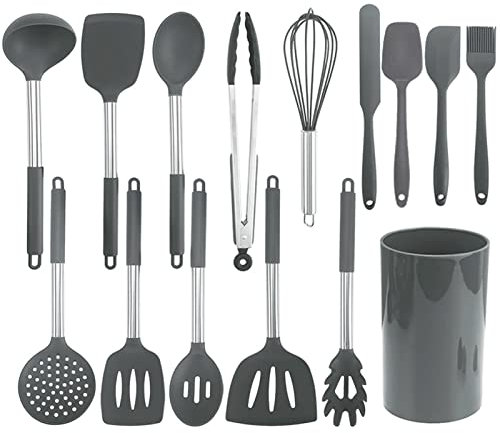 Ustensiles De Cuisine Silicone 15 Pièces, Noyau Acier Inoxydable, Ustensiles De Spatule Résistants Chaleur Antiadhésifs, Pour La Cuisson, Mélange, Lave-vaisselle (Grey,15 Piece Set)