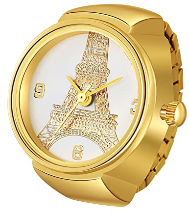 Silverora Finger Uhr Ringuhr für Damen und Herren, analoge Quarzuhr, arabische Ziffern, Eiffelturm, Totenkopf, Krone, Schmetterling, Zifferblatt, elastisches Band, goldene Fingeruhr