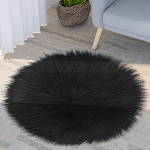 Sibba Kunstfell Flauschiger Teppich Stuhlkissen 30 cm schwarz klein, rund, Bezug Kissen Teppich Matte Schreibtisch Sofa Sitz Couch für Wohnzimmer Kinderzimmer Heimdekoration Fotografieren Hintergrund