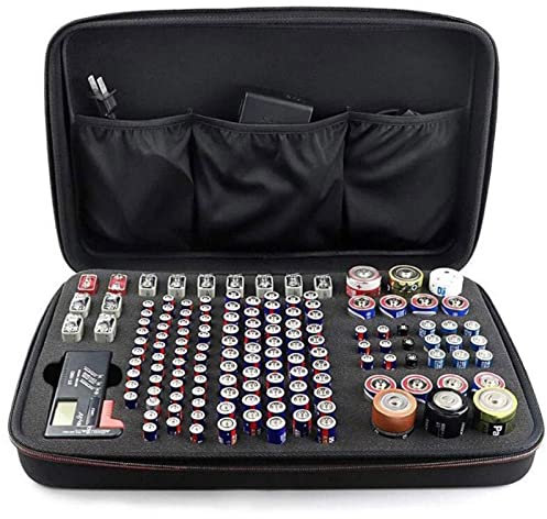 D/A Black Battery Storage Organizer,Hard Shell Battery Organizer Case, Holds 147 Various Sizes Batteries, AAA, AA, 9V, C, D | Hard Battery Organizers Holders Boxes, Holding AAA,AA,9V, Size C & D