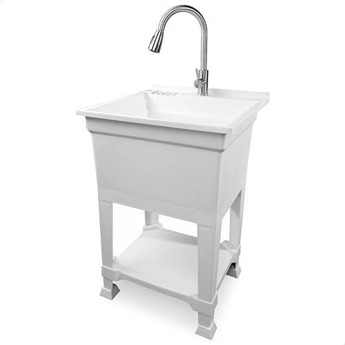 UTILITYSINKS Freestanding Utility Tub Sink with Quick Connect Drain, 24 x 24, White - Portable and Compact Sink with Faucet for Outdoor Kitchen, Laundry Room, Garage, and Basement