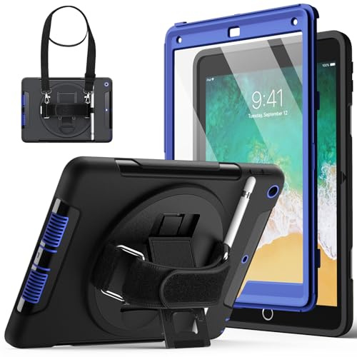JETech Rugged Hülle für iPad 6./5. Gen 9,7 (2018/2017), Navy | Integrierter Displayschutz, 360° Drehbarer Handriemenständer, Robuster Stoßschutz
