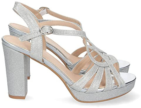 shoes&blues.es 69398-Sandalia de Tacon para Mujer, Comoda, con Pala en T, Estampado Brillante, y Cierre de Hebilla, Otono Invierno 2022. Talla 38 Plata