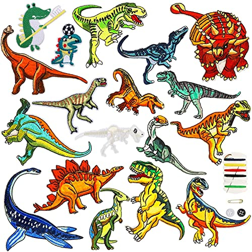 Sunshine smile Bügelflicken Kinder, 18 Stück Patches zum Aufbügeln Dinosaurier Aufnäher Applikation Flicken Zum Aufbügeln für DIY T-Shirt Jeans Kleidung Taschen,Flicken Patches