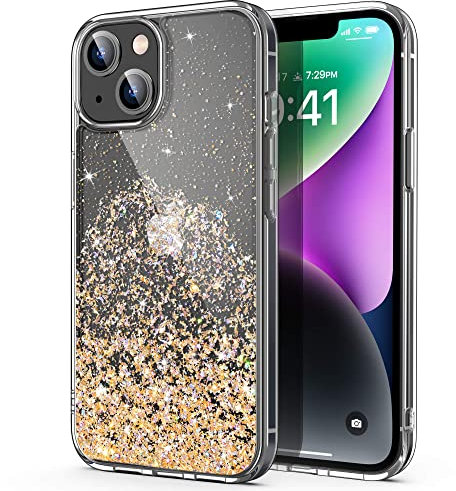 ULAK for iPhone 14 Plus Case Glitter Clear Stars Case Sparkly Hard TPU Bumper Cover Bling for Women Girls Protective Phone Case for iPhone 14 Plus 6.7 inches - Gold Glitter