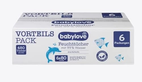 babylove Feuchttücher mit 99% Wasser Pflege&Wickeln Big Pack (6x80 Stück) = 480 Stück