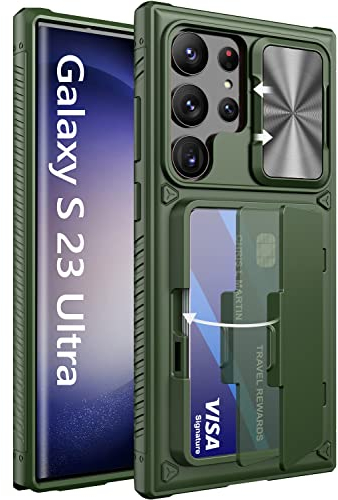 Vihibii for Samsung Galaxy S23 Ultra Case with Card Holder (4 Cards) & Sliding Camera Cover & Kickstand, Shockproof Rugged Hard Back & TPU Edge Wallet Case for Galaxy S23 Ultra 5G 6.8 2023