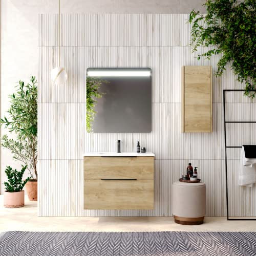 Mueble de Baño Suspendido con Lavabo Cerámico Galsaky | Mueble Baño Volado de 2 Cajones Cierre Amortiguado y Organizador | Guías Hettich | Roble Natural Tirador Oro | 80cm