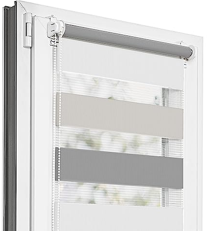 Estika Doppelrollo Klemmfix ohne Bohren - 55 cm x 120 cm - Trio: Dunkelgrau-Hellgrau-Aschgrau - 29 Stofffarben, Tag und Nacht Duo Rollo, Rollos für Fenster ohne Bohren(55 cm Stoffbreite)