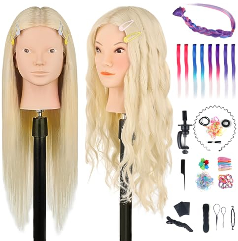 Frisierkopf Echthaar, TopDirect 66cm/26 Zoll 70% Echtes Haar Ubungskopf Friseur Trainingskopf mit Flechthilfe & Halterung & 8 PCS Farbige Haarverlängerungen