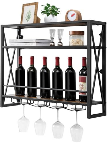 GIANTEX Étagère à vin murale à 3 niveaux avec support en verre - Étagère murale en bois et métal - Étagère murale industrielle flottante pour cuisine, maison - 80 x 20 x 63 cm