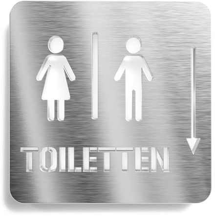 Urhome Toilette Pfeil unten Hinweisschild aus V2A Edelstahl - Laserschnitt Gravur Türschild - Schild für Wand Tür - Herren Damen Toilette WC Infoschild für Innen Außen