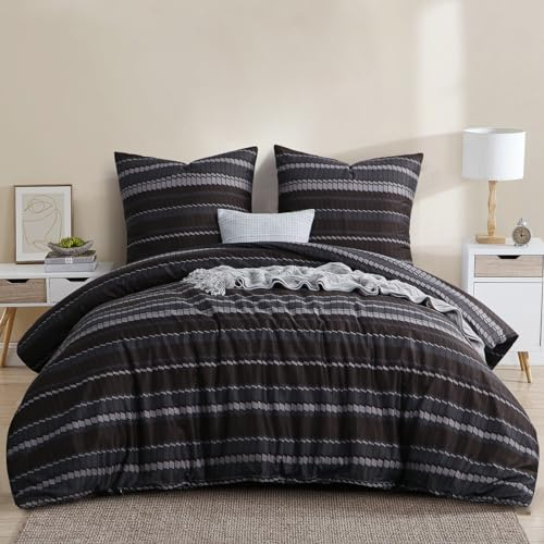 RUIKASI Bettwäsche 200x200 3 teilig Schwarz - Bettbezug 200 x 200 Set mit Streifen Muster, Bettwäsche-Sets 200x200cm aus Mikrofaser mit Reißverschluss Weich und Bügelfrei