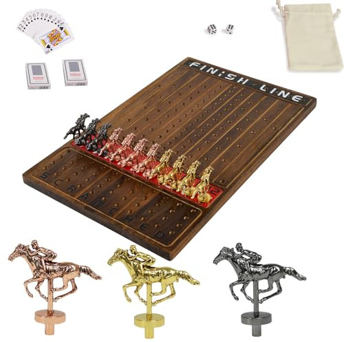 Jyquorp Horse Race Brettspiel Rennspiel Verdicktes Massivholz mit 11 luxuriösen, langlebigen klassischen Metallpferden mit 4 Würfeln und 2 Kartons Pferderennenspiel (Rustic Brown, Rechteck)