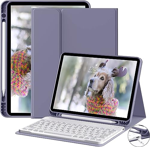 JKSML Tastatur Hülle für iPad Air 11 Zoll (M3/M2) 2025/2024 & iPad Air 5./4.Gen (2022/2020) 10.9 Zoll mit Pencil Halter, Abnehmbarer Bluetooth QWERTZ Tastatur, Auto Schlafen/Wecken (Violett-Grau)