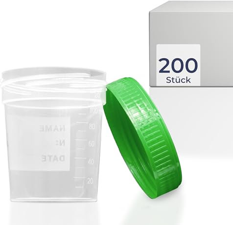 HaseMed Lot de 200 gobelets à urine de qualité supérieure - 125 ml - Couvercle à visser - Vert - Gradués jusqu'à 100 ml - Anti-fuite, inscriptibles, adaptés au congélateur