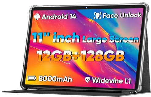 Tableta Android 14 actualizada 2025, tablet PC de 11 pulgadas, compatible con desbloqueo facial, CPU Octa-core, 12 GB + 128 GB + 1 TB expandido, batería grande de 8000 mAh, carga rápida de 18 W,