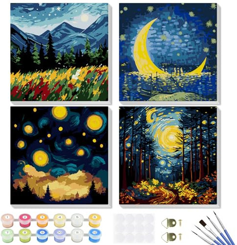 GHHKUD 4 Pack Paysage Peinture à Numéros Enfants Adultes Débutants, DIY Peinture Acrylique pour Adultes Enfants débutants Facile sur Toile avec peintures et pinceaux, Kits de Loisirs Créatifs 20×20cm