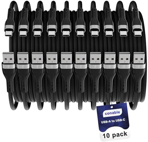 Conable USB A to USB C Cable (2 FT, 10-Pack), Multi Pack Bulk Nylon USB A to C Charger Cable, 3A Fast Charging for iPhone 15/15 Pro /15 Plus /15 Pro Max, iPad Mini/Air/Pro, Galaxy S23, LG, Black