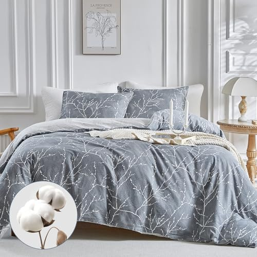 Lekesky Bettwäsche-Set für King-Size-Betten, Fadenzahl 200, Äste Muster, graue Bettwäsche-Sets für King-Size-Betten mit 2 Kissenbezügen, Baumwoll-Bettbezug 230 x 220 cm, grau/bedruckt