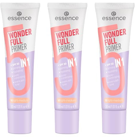 essence WONDER FULL PRIMER 5 IN 1, Nr. 10, Nude, feuchtigkeitsspendend, mattierend, pflegend, matt, vegan, ölfrei, UVA- und UVB-Filter + SPF 30, ohne Parabene, 3er Pack (3x30ml)