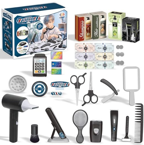 Xwin Sportseries Kids Barber Play Set - 17 PCS Kids Hair Dressing Set with Toy Hair Dryer, Scissors, Comb and Grooming Accessories, Pretend Shop Role Play Kit for Children Ages 3+ Years