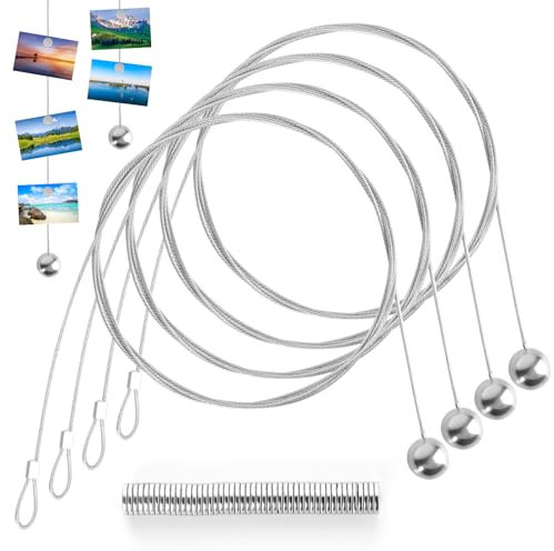 Haocjanc 4 Stück 1.5mm*2m Fotoseil, Fotokette mit 48 Magneten, Drahtseil, Fotoseil Magnetisch zum Aufhängen Von Fotos und Postkartens(Silbrig)