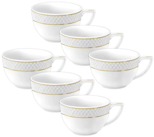 Wilmax - Lot de 6 tasses à thé et à café - 500 ml - Mug à café en porcelaine avec motif doré - Lot de mugs - Mug pour thé, café, cappuccino - Mugs en porcelaine - Blanc