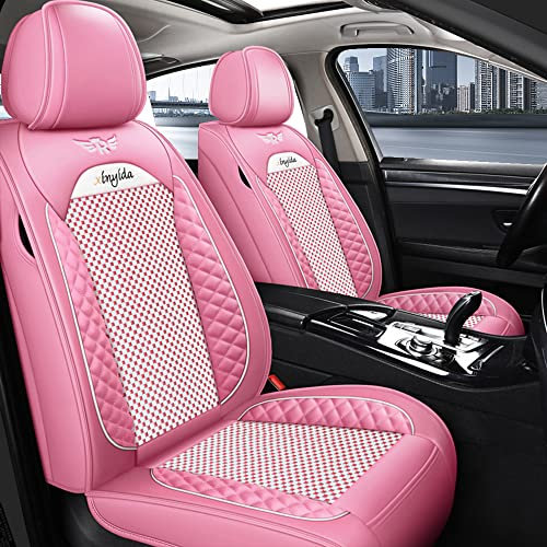 Awotzon Autositzbezüge 5 Sitzer Vordersitze Rückbank, Universal Auto-Sitzbezüge PU Leder Set für Limousinen und SUV Pick-up Truck, Autositzschoner Wasserdicht Kratzfest Rosa