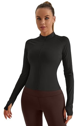 ZIRUU T-Shirt Damen Gym Top Sport Oberteil Yoga Langarm Crop Top Sportshirt Leicht Fitness Oberteil mit Reißverschluss und Daumenloch in Black X-Large Size