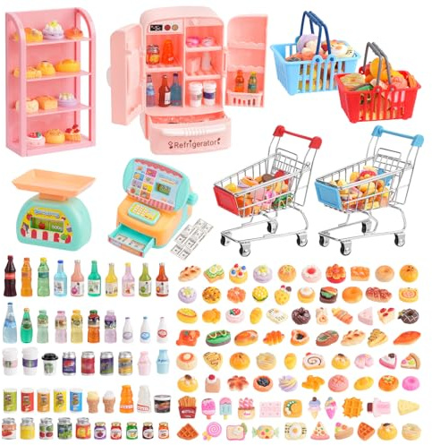 165 piezas de mini carrito y cesta de la compra en miniatura, juguete de alimentos y bebidas, supermercado, carrito de mano metálico, estantes, caja registradora, nevera, báscula de alimentos, carrito
