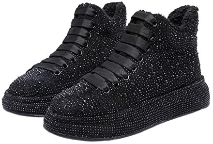 Stivali da Donna Stivali Invernali Caldi da Donna Stivaletti Stringati Neri Lucidi Sneakers Calde con Fondo Piatto.