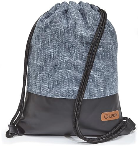 By Bers Leon großer Premium Turnbeutel mit Innentaschen Rucksack Tasche Damen Herren Teenager Gym Bag Draw String 45x34cm für Sport Reise Alltag Einkauf (BlueWoven_Schwarz_PU)