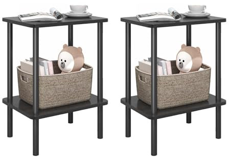 APICIZON Beistelltisch Holz Set of 2, Beistelltisch Schwarz, 2 Tier Nachttisch Schmal, 40x30x52cm, Kleiner Beistelltische mit Stauraum, Beistelltische Schmal für Wohnzimmer, Schlafzimmer, Balkon