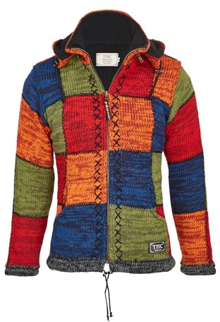 THC Natural Line Schafwollstrickjacke Bunte Quadrate 814 – Warme Patchwork-Wolljacke mit Fleece-Futter – Bunte Ethno-Strickjacke Outdoor – Kapuze abnehmbar, Gr. XS-XXL