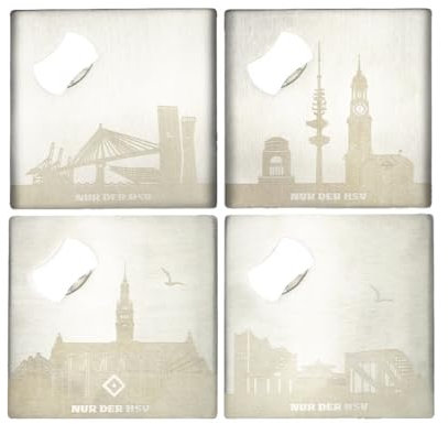 Hamburger SV HSV Untersetzer 4er-Set ** Skyline **, Metall & Kork, je 9,5 x 9,5 cm, Flaschenöffner