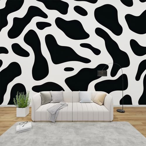 QEODAH Cow Print Mural Wallpaper for Living Room, Cowhide Wall Art for Bedroom, Black and White Wall Murals for Bedrooms, Renter Friendly Removable Waterproof Non-Woven Photo Wallpaper 3D, 400x280 cm