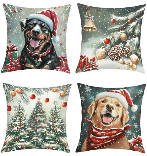Joymaison Kissenbezüge 45x45 4er Set Weihnachten Haushund Schneeflocken | Deko Kissenhülle Winter Hund Weihnachtsbaum Tannenzapfen für Geschenk Dekorative Kissenbezug Kissen für Couch Sofa