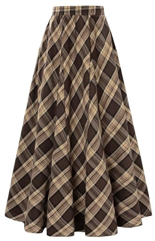Long Plaid Skirts for Women High Waist A Line Maxi Skirts Brown Plaid S