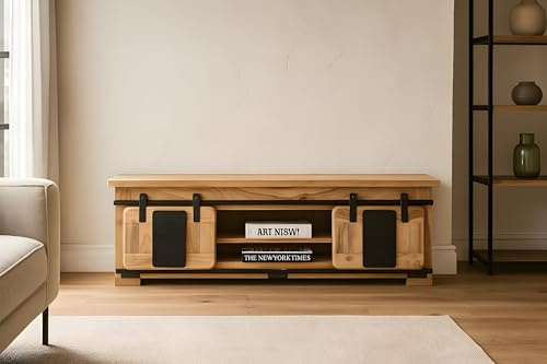 SAM Wandboard Libro 130x25x35 cm, Akazie Natur, Wandregal | mit 2 Holzschiebetüren & 2 offenen Fächern, Türelemente, Griffe & Reling aus Eisen, Akazienholz naturfarben & massiv