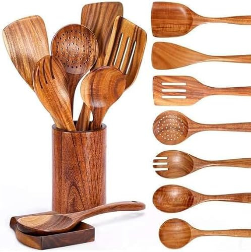 Teak Wood Kitchen Utensil Set, 9-Piece Cooking Spoons and Spatulas.
