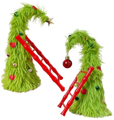 Fyearfly Árbol de Navidad de escritorio, árbol de Grinch de felpa flexible con estrella y adornos para decoración navideña de mesa