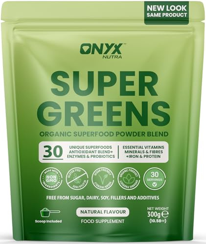 Super Greens Powder 30 Superfoods Blend with Spirulina Wheatgrass Chlorella Acai & Maca | Digestive Enzymes Probiotics Fibre Iron Vitamins | Vegan Gluten Free Natural Flavour | 300g 30 Servings