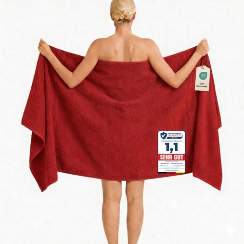 Komfortec Badetuch 100x200 cm aus 100% Baumwolle | XXL Saunatuch, Großes Duschtuch, Weich & Saugstark, Rot