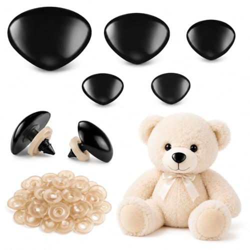 SULIKJHUI 25 Sets Sicherheitsnasen für Häkeltiere 15-30mm Kunststoff | Sicherheitsnasen mit Unterlegscheiben, Dreieckige Nase, für Plüschtiere, Puppenherstellung, DIY Handwerk Basteln, Schwarz